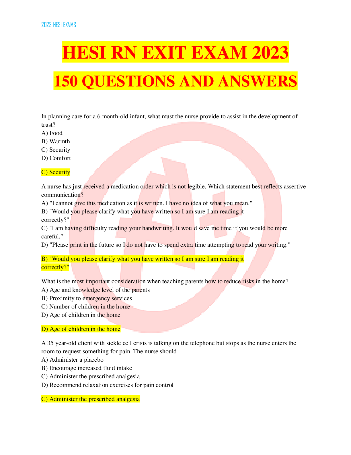 Preview image for HESI RN EXIT EXAM 2023  150 QUESTIONS AND ANSWERS